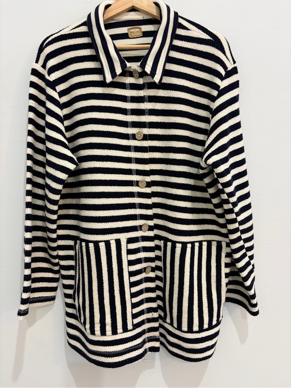 Free-est by Free People striped knit shirt jacket black and cream.